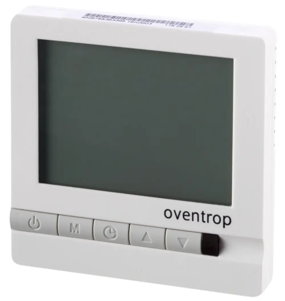 Weißes Oventrop Raumthermostat mit Display, Unterputz, kabelgebunden, 230V. Knöpfe für Ein/Aus, Modus, Zeit, Pfeil hoch und Pfeil runter.